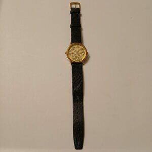 Charles-Hubert Paris 32mm Men's Gold Tone Dial Dual Time Leather Band Watch